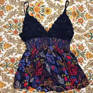 VTG Free People Floral Crochet Lace Halter Cami Top Boho Babydoll - L